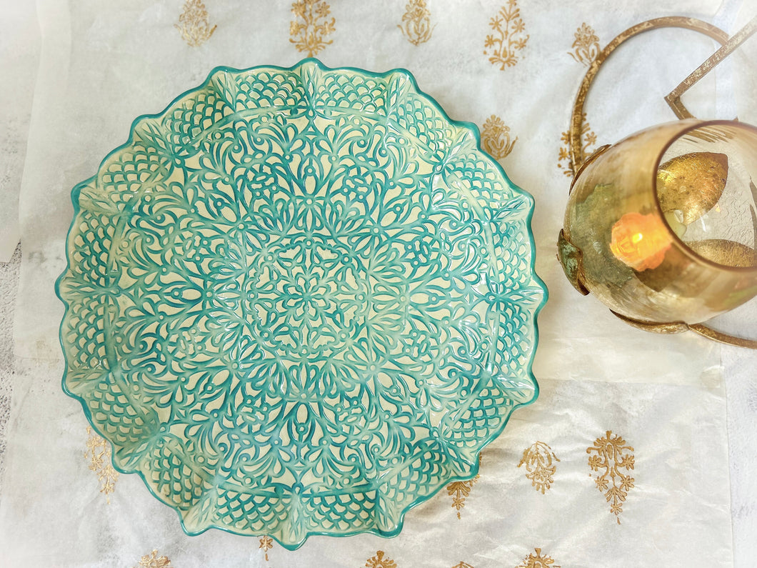Handmade Ceramic Turquoise Blue Lace Platter