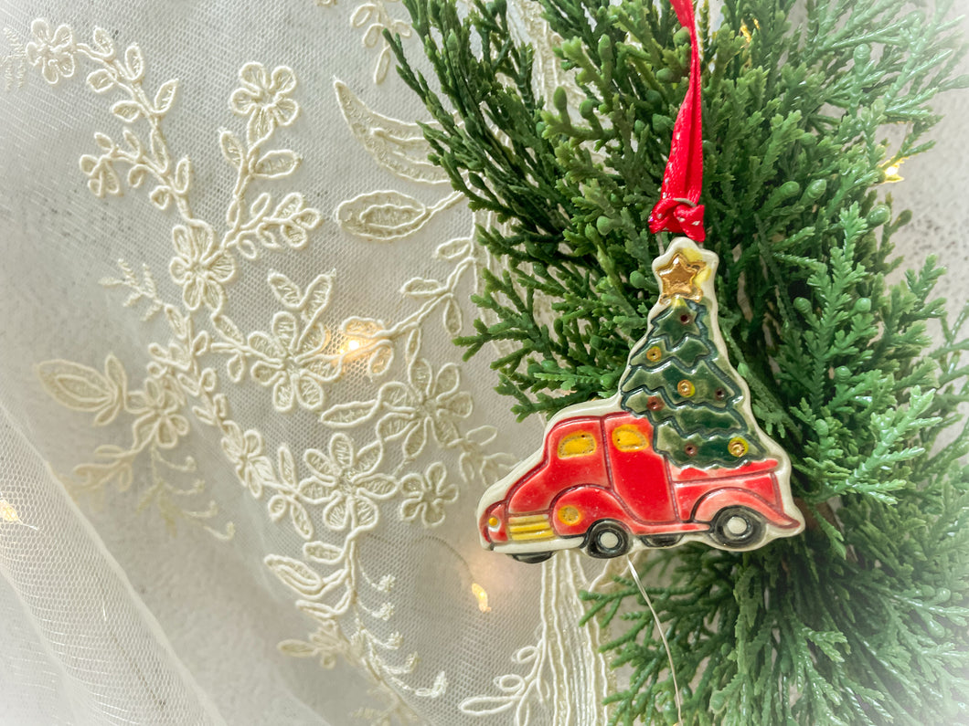 Handmade Ceramic Christmas Tree Truck Ornament with Gold