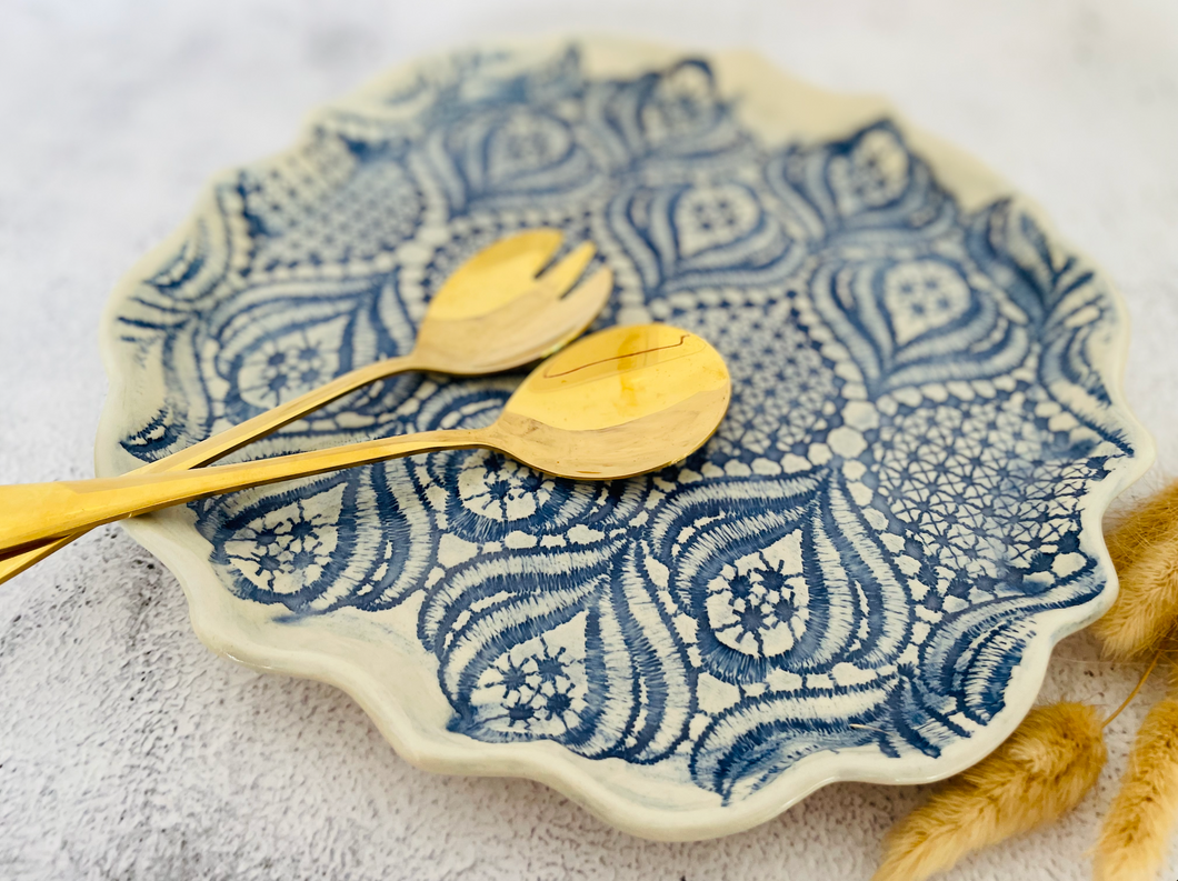 Handmade Ceramic Blue Doily Round Platter