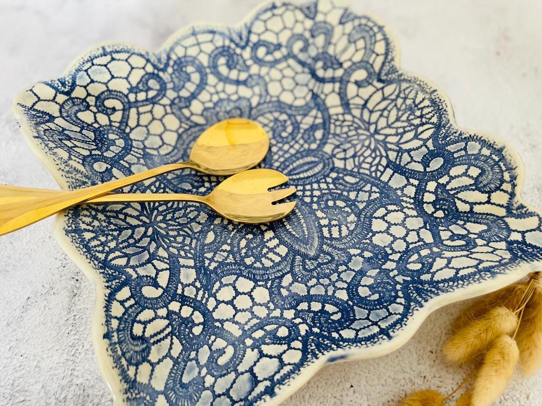Handmade Ceramic Blue Doily Square Platter